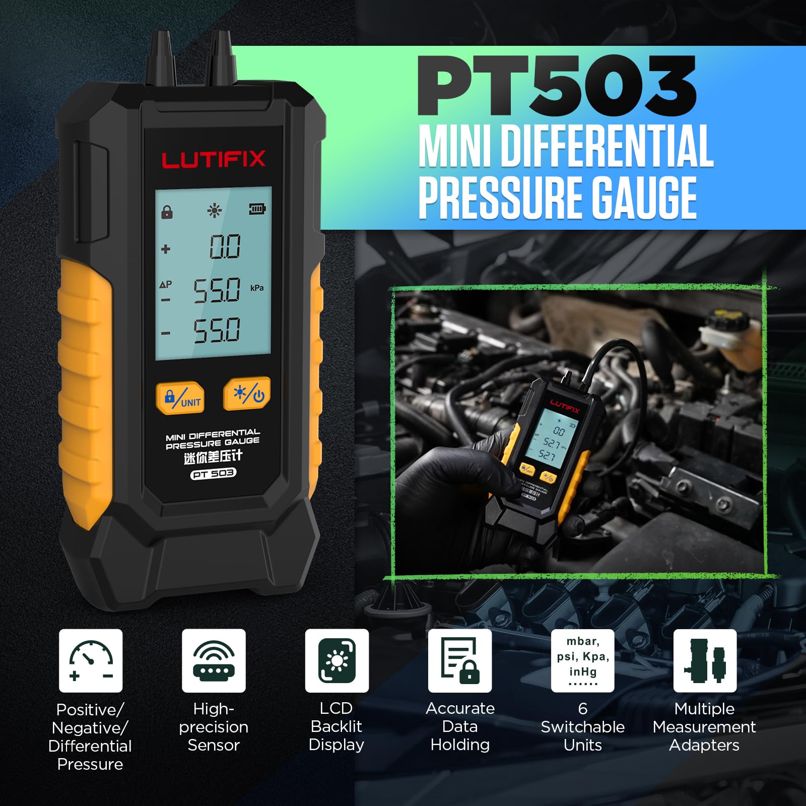 Manómetro digital de presión de aire -101-200 kPa, resolución de 0,1 kPa, probador de aire, 6 unidades, medidor de presión de aire HVAC de puerto doble diferencial, manómetro de presión diferencial