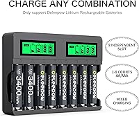 Vista 6 de Deleepow 8 pilas AA recargables de 3400 mWh con cargador, baterías de litio de 1.5 V AA de 1500 ciclos precargados