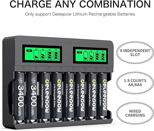 Miniatura 6 de Deleepow 8 pilas AA recargables de 3400 mWh con cargador, baterías de litio de 1.5 V AA de 1500 ciclos precargados