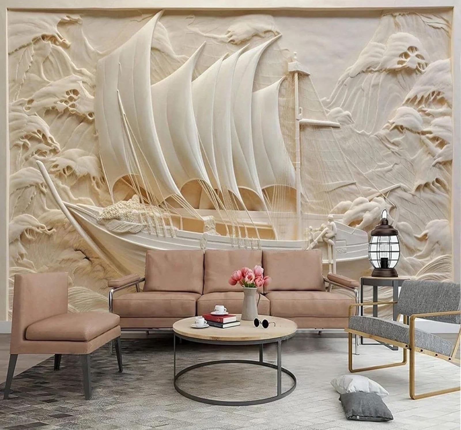 XLMING Creative Relief Sailing Ship Waves Art 3D Wallpaper Luxury Home Dining Decor Paste Sofa Living Room The Wall for Bedroom Mural-430cm×300cm