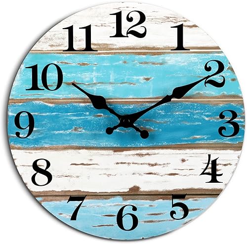 Reloj de pared azul con temática de playa, funciona con pilas, silencioso, sin tictac, vintage, redondo, rústico, costero, náutico, decorativo, para