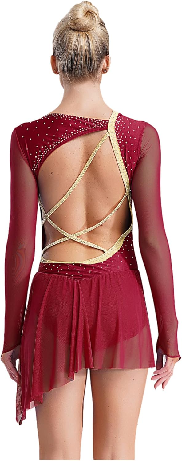 iiniim Women's Figure Ice Skating Dance Dress Long Sleeve Roller Skating Dance Costume Lyrical Ballet Dance Costume