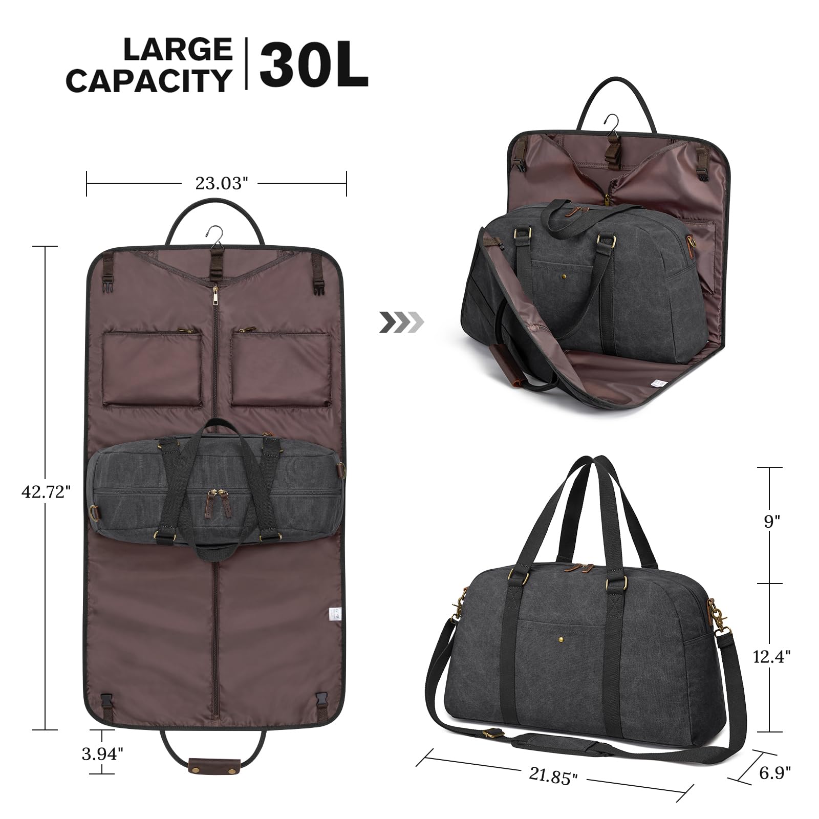 S-ZONE Bolsa de Lona de Viaje para Ropa de Viaje para Hombres y Mujeres, 2 en 1, Grande, para Colgar el Fin de Semana