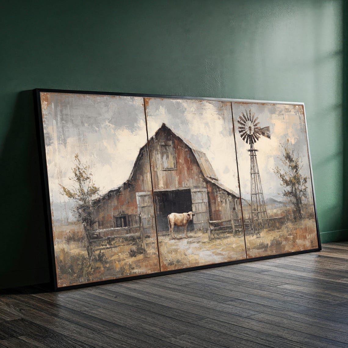 XBTYKPB Rustic Farmhouse Canvas Wall Art, Vintage Barn .Cow Painting, Windmill Country Landscape, Farm Animal Canvas, Home Decor(50x90cm/Frameless)