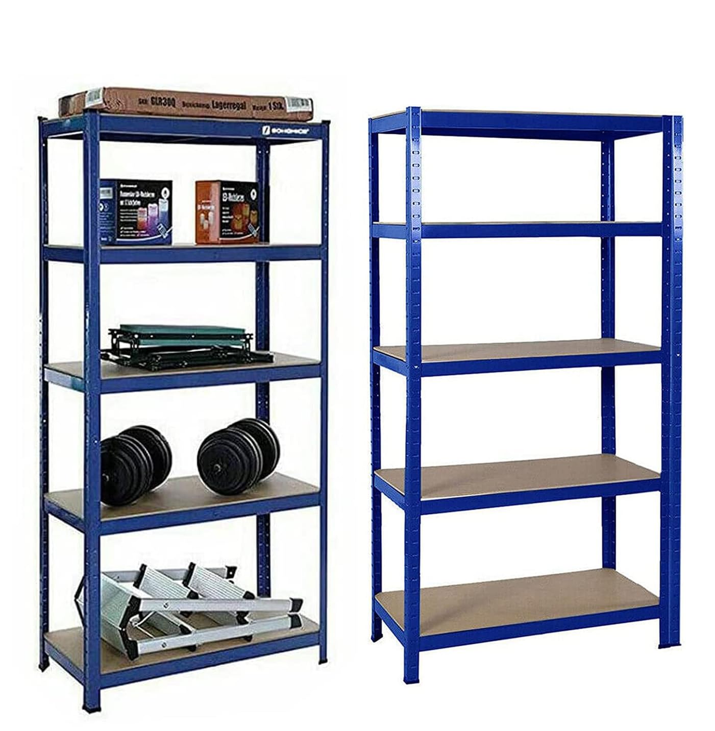 2 estanterías metálicas de 180 x 90 x 40 cm, 5 estantes de madera de densidad media, ajustables, para cargas pesadas, fácil montaje, máx. 875 kg, color azul