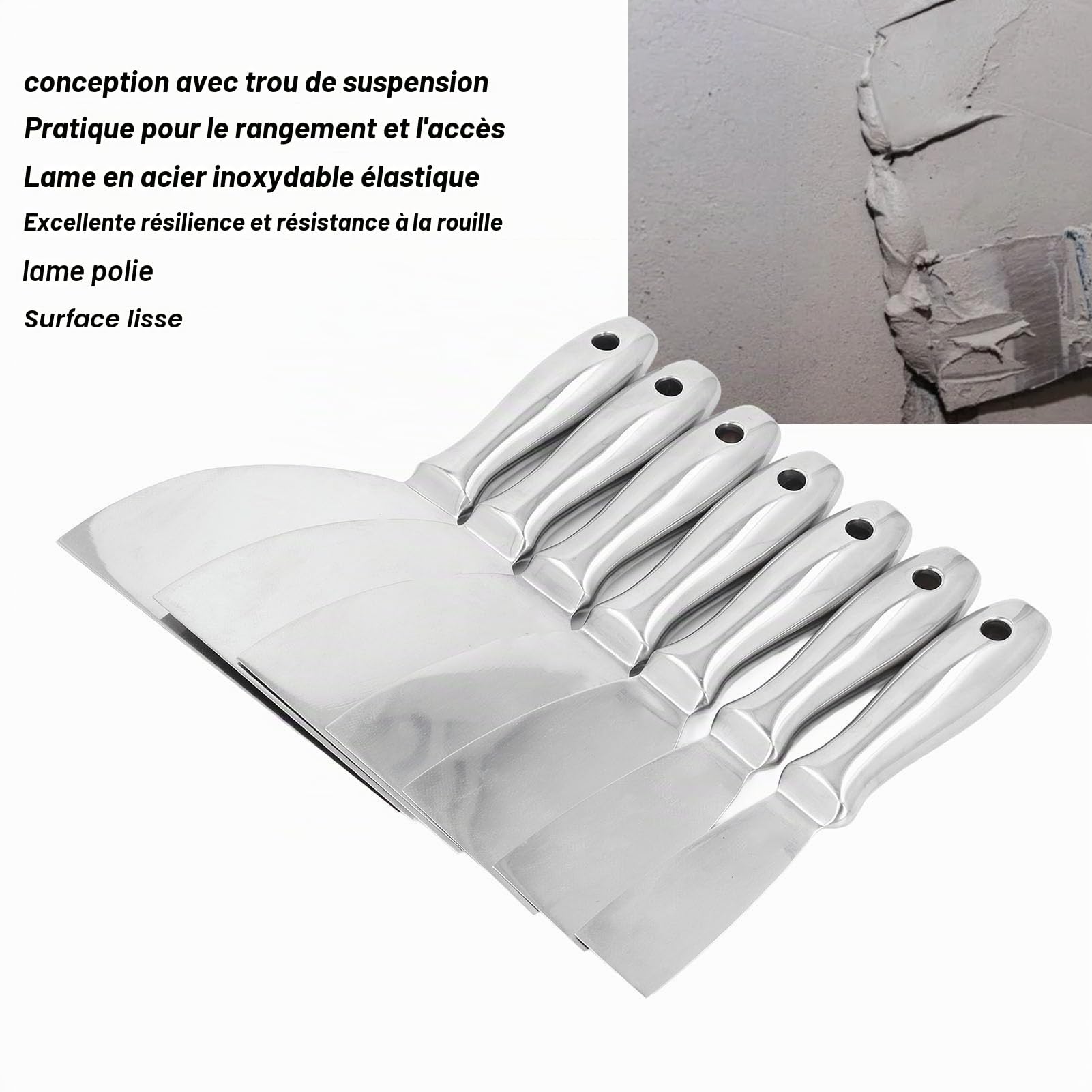 Couteau à Enduire, 7 Tailles Spatule Enduit, Spatules de Surface avec Poignée en Acier Inoxydable, Sac de Rangement, pour Réparation de Cloison Sèche, Application de Mastic, Retrait de Papier Peint