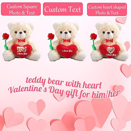 Miniatura 2 de Oso de peluche personalizado con foto y texto personalizado en el corazón, animales de peluche, oso de peluche de San Valentín con rosa y lazo como