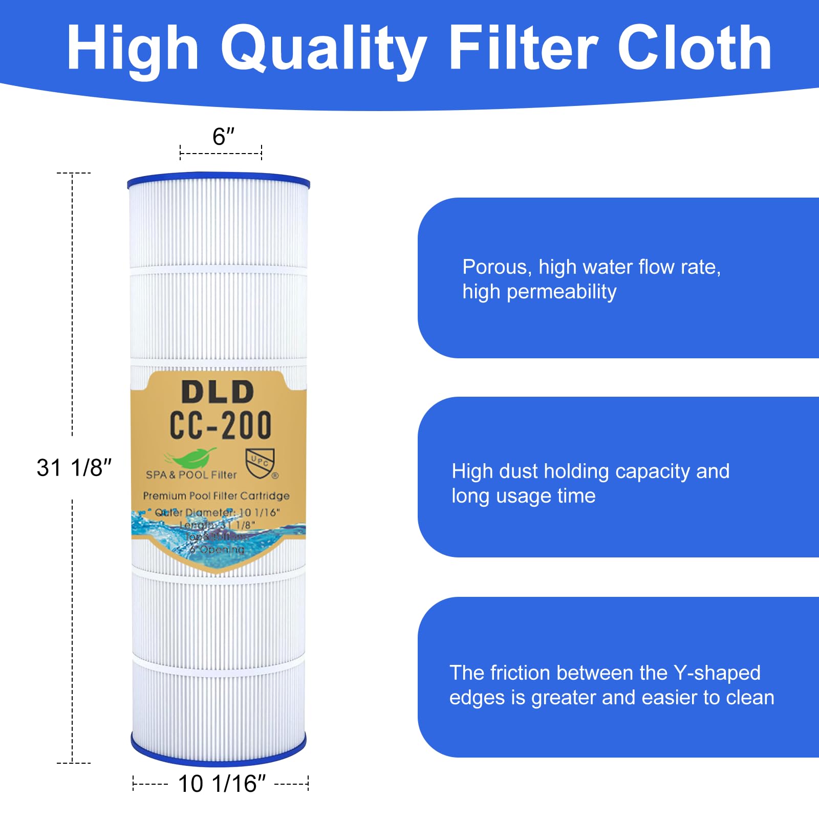 DLD CC200 Cartouche de filtre de piscine, compatible avec Pentair Clean&Clear 200, cartouche de filtre de piscine de rechange Pentair R173217, PAP200, Unicel C-9419, Filbur FC-0688, L x OD : 80 x 26