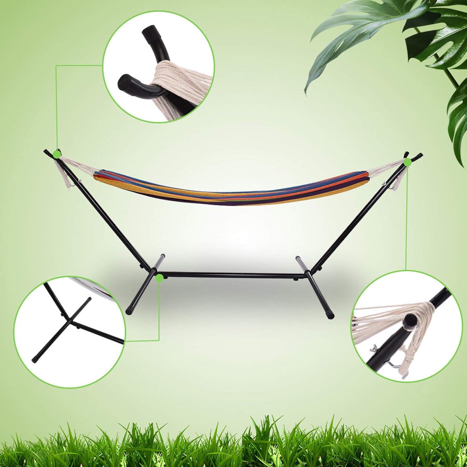 Quilted Hammock with Steel Stand - 2 Person Heavy-Duty Double Hammock Included Storage Carrying Case Portable Hanging Camping Bed for Backyard Patio - 450 Pound Capacity -