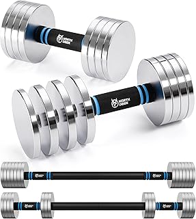 Northdeer Steel Dumbbell 2in1 Set of 2 20lb (5lb/6lb/10lb/11lb/15lb/16lb/20lb) - Adjustable Dumbbell Set with Barbell Bar and Foam Handle - Compact Weight for Home (20lb×2)