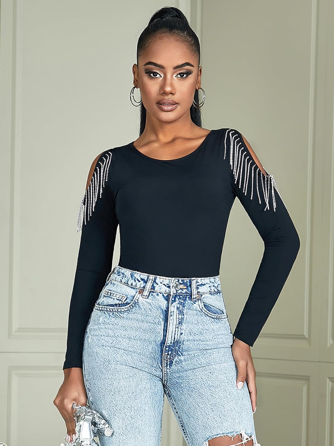 Black Fringe Bodysuit for Women Long Sleeve Sequins Tassel Cold Shoulder Top Leotards with Snap Crotch - Image 3