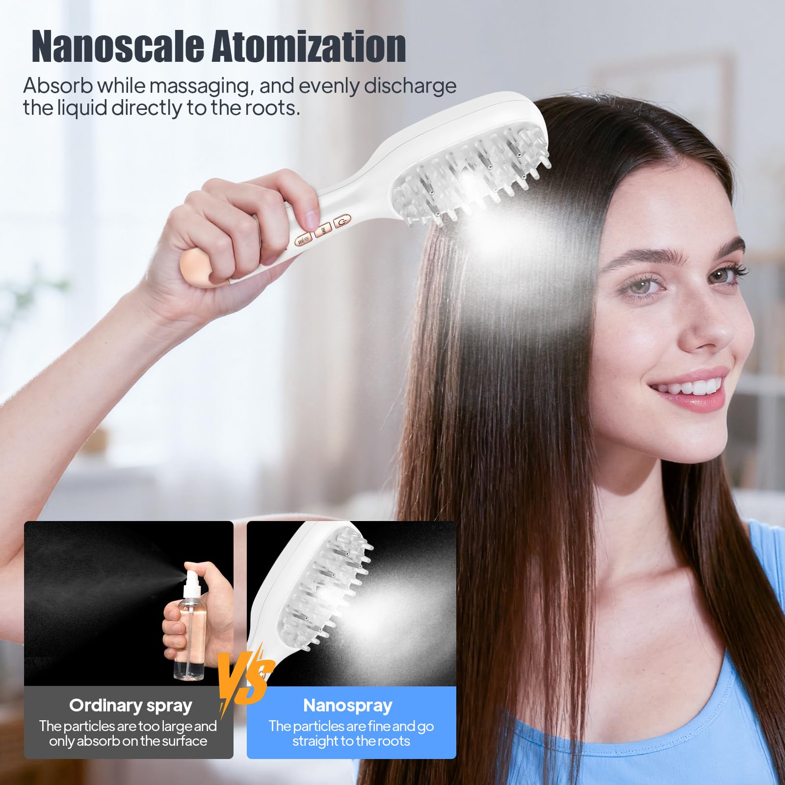 EMS Mikrostrom Haarbürste mit Rot & Blaulicht, Nano-Verdampfung Kopfmassagegerät für Haarwuchs, 7000/min Vibration für Kopfhautpflege gegen Haarausfall