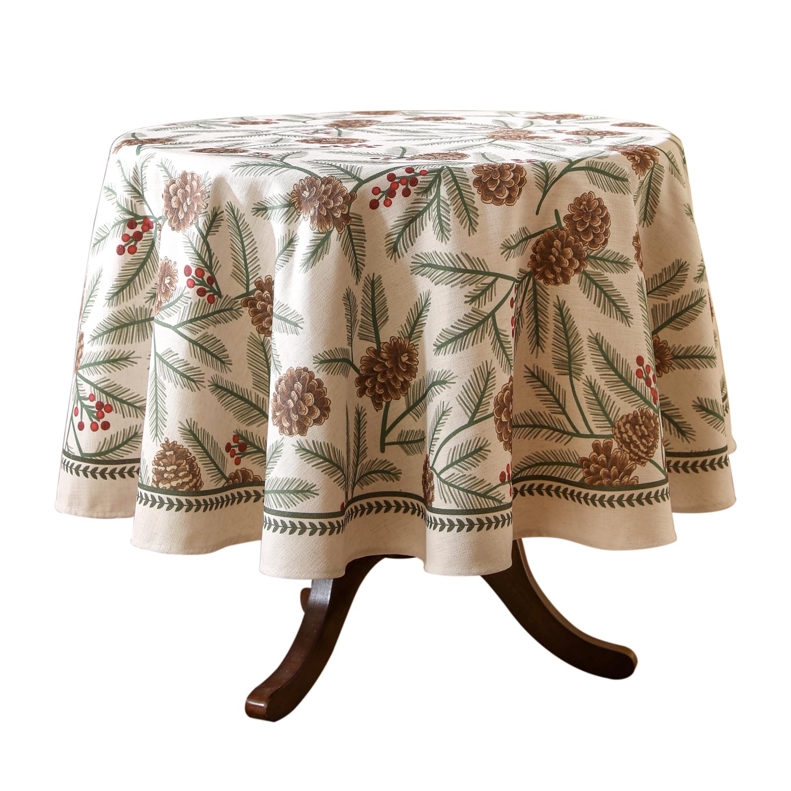ISAENNE Designer Christmas Beige Linen Round Tablecloth,Pinecones Pattern Indoor Tablecloths,Washable Decor Table Cloth for Dining Thanksgiving