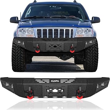 Front Bumper Black for 1999-2004 Jeep Grand Cherokee WJ With Winch Plate + D-Rings + Spotlights