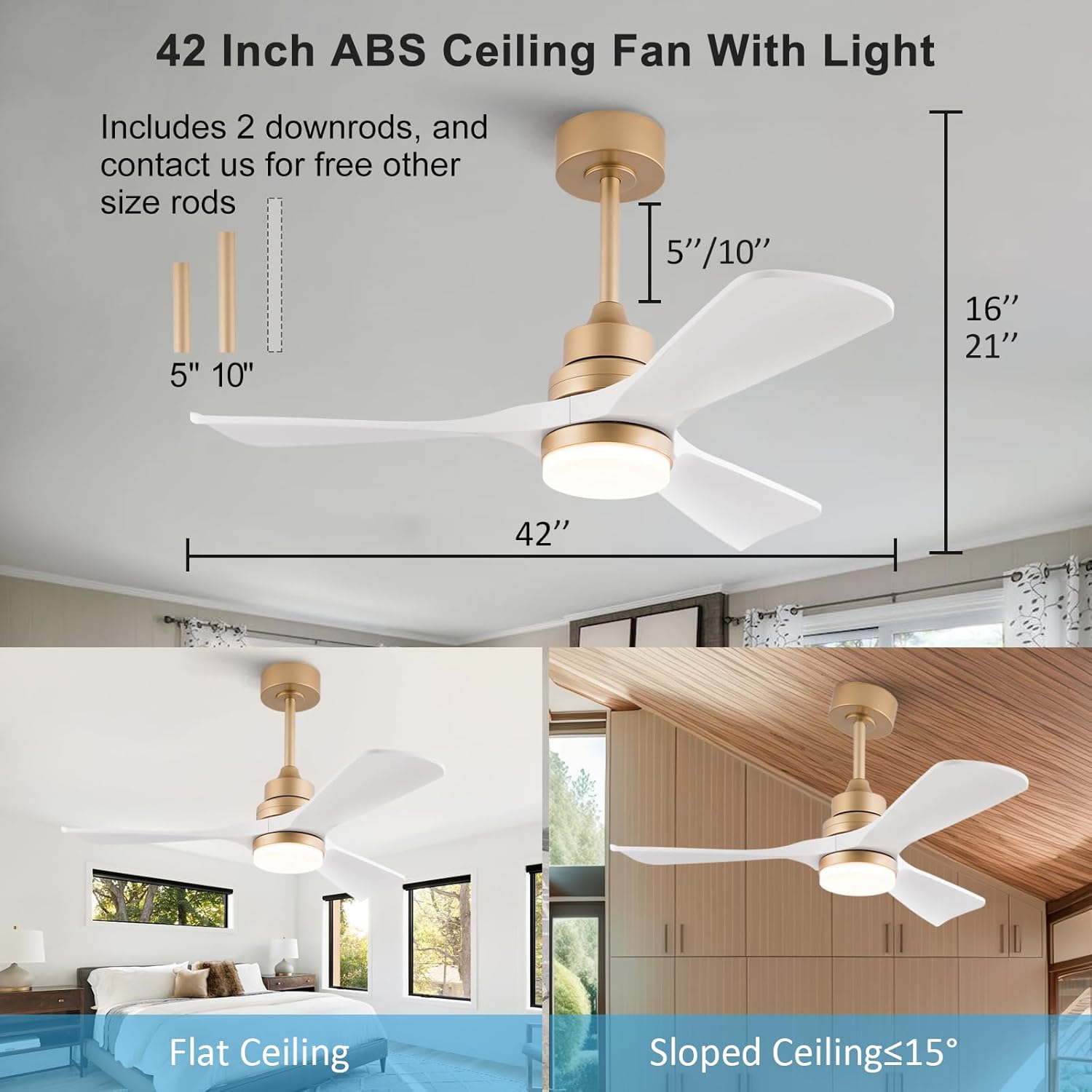42 Inch White and Gold Ceiling Fans with Lights, ABS Blades, Noiseless Reversible DC Motor, 6 Speeds and 3 Color Temperatures, White Ceiling Fan with Remote Control for Bedroom Living Room Office