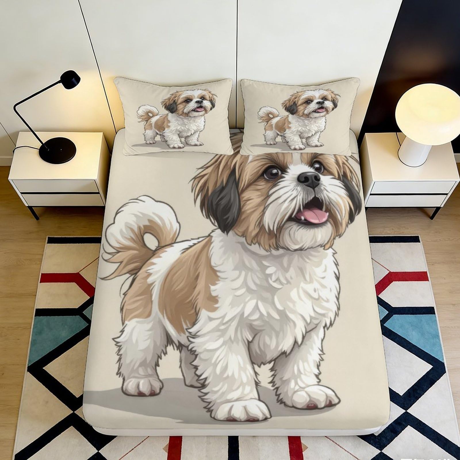 3D Printed Shih Tzu Dog Fitted Sheet Microfiber Soft Beige Cartoon Bed Cover for Bedroom Guest Room Decor 90x200x25cm