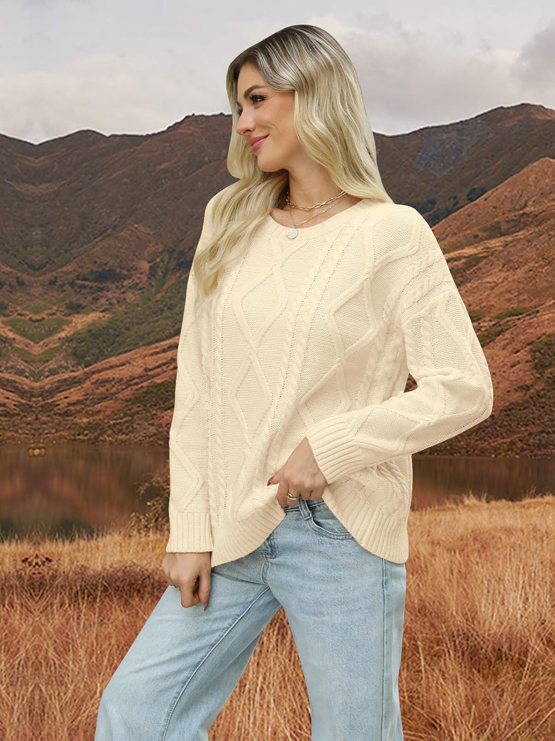 MixShe Women's Oversized Crewneck Cable Knit Sweaters Fall Fashion 2025 - Image 3