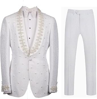 Mens Suit 2 Piece Slim Fit White Pearl Embroidered Tuxedo Suit Set Blazer Jacket Pants for Wedding,Prom,Party