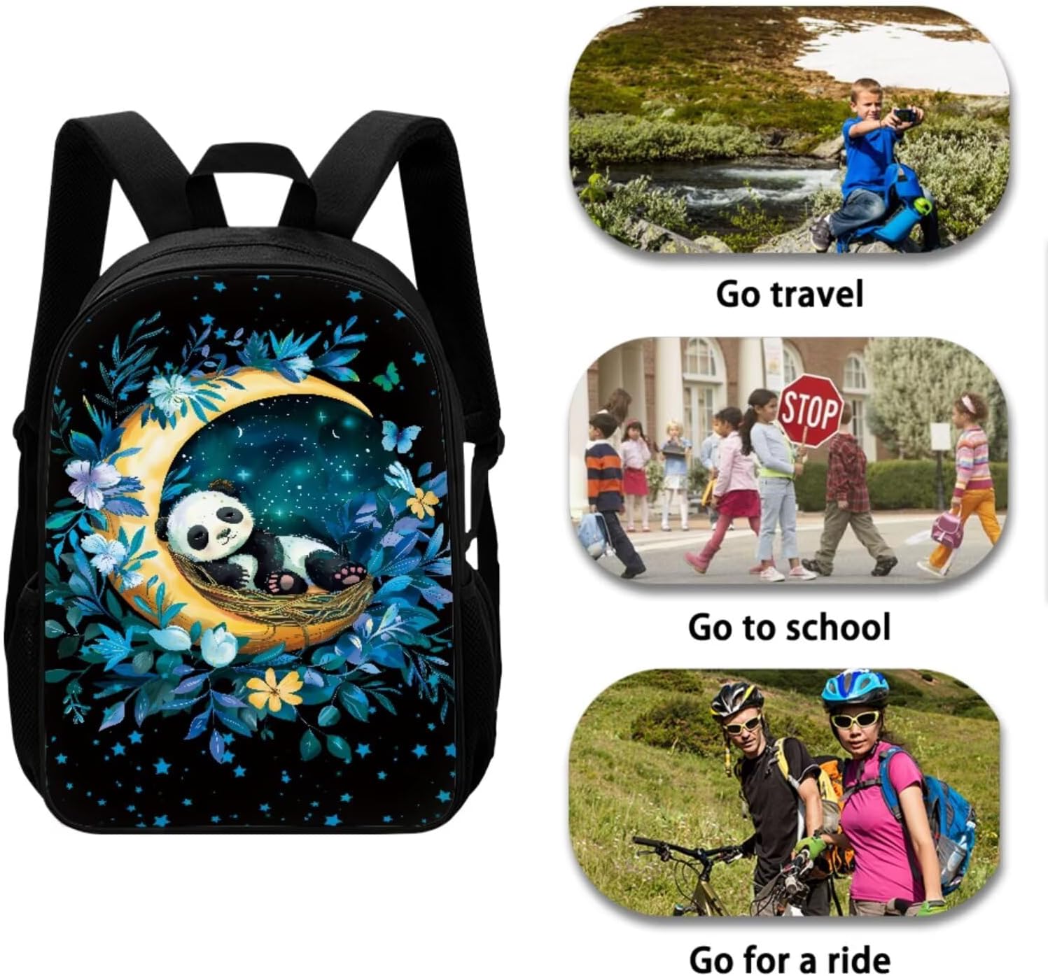 Panda Backpack for Kids Girls Backpack with Lunch Box Water Bottle Holder with Strap and Big Pencil Case 4Pcs Set 17" Bookbag with Side Pockets for School Sturdy School Bag for Kids Elementary