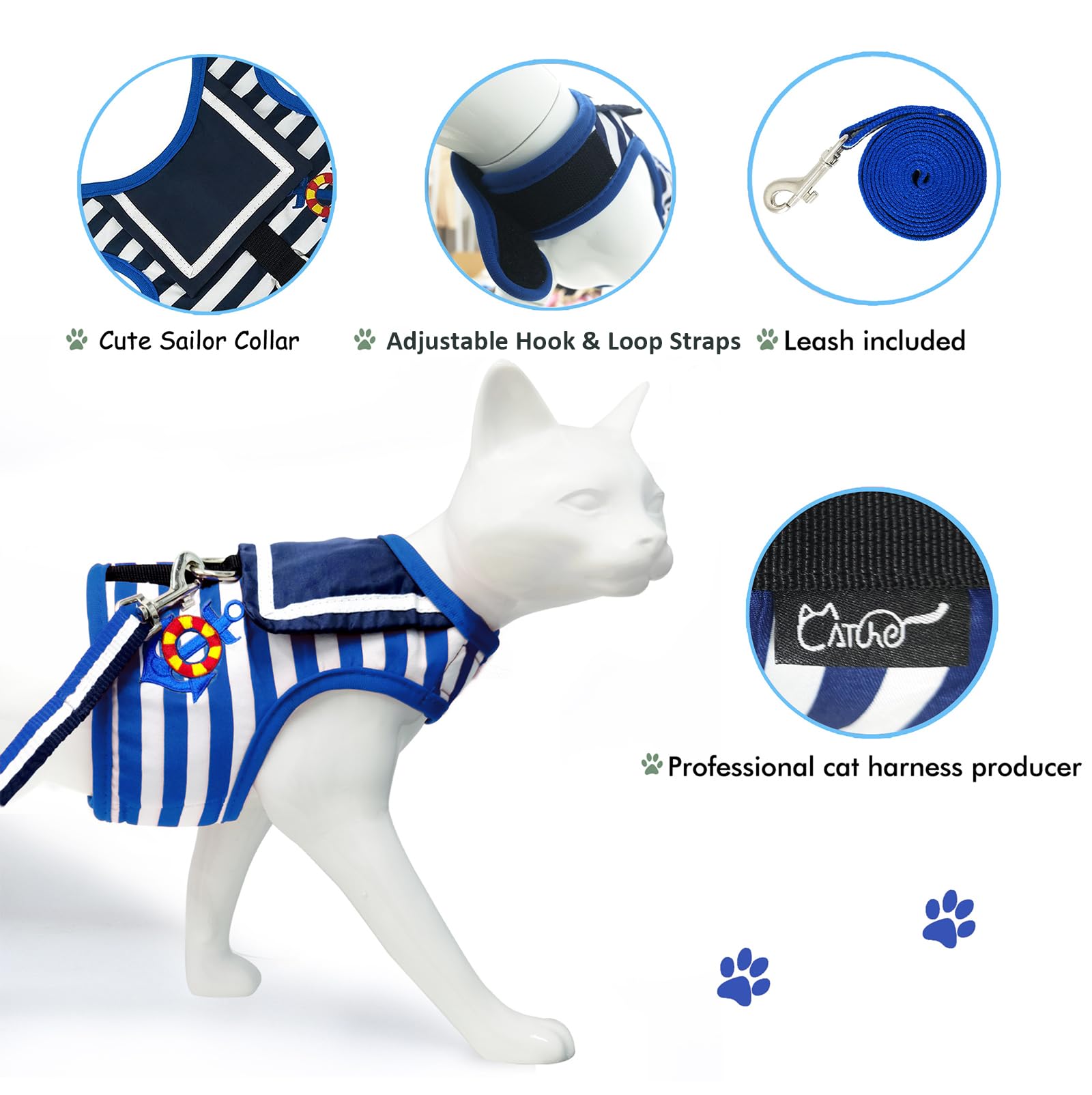 Harnais anti-fugue pour chat avec laisse, veste de promenade réglable, gilet rembourré pour chat, bleu marine, taille M