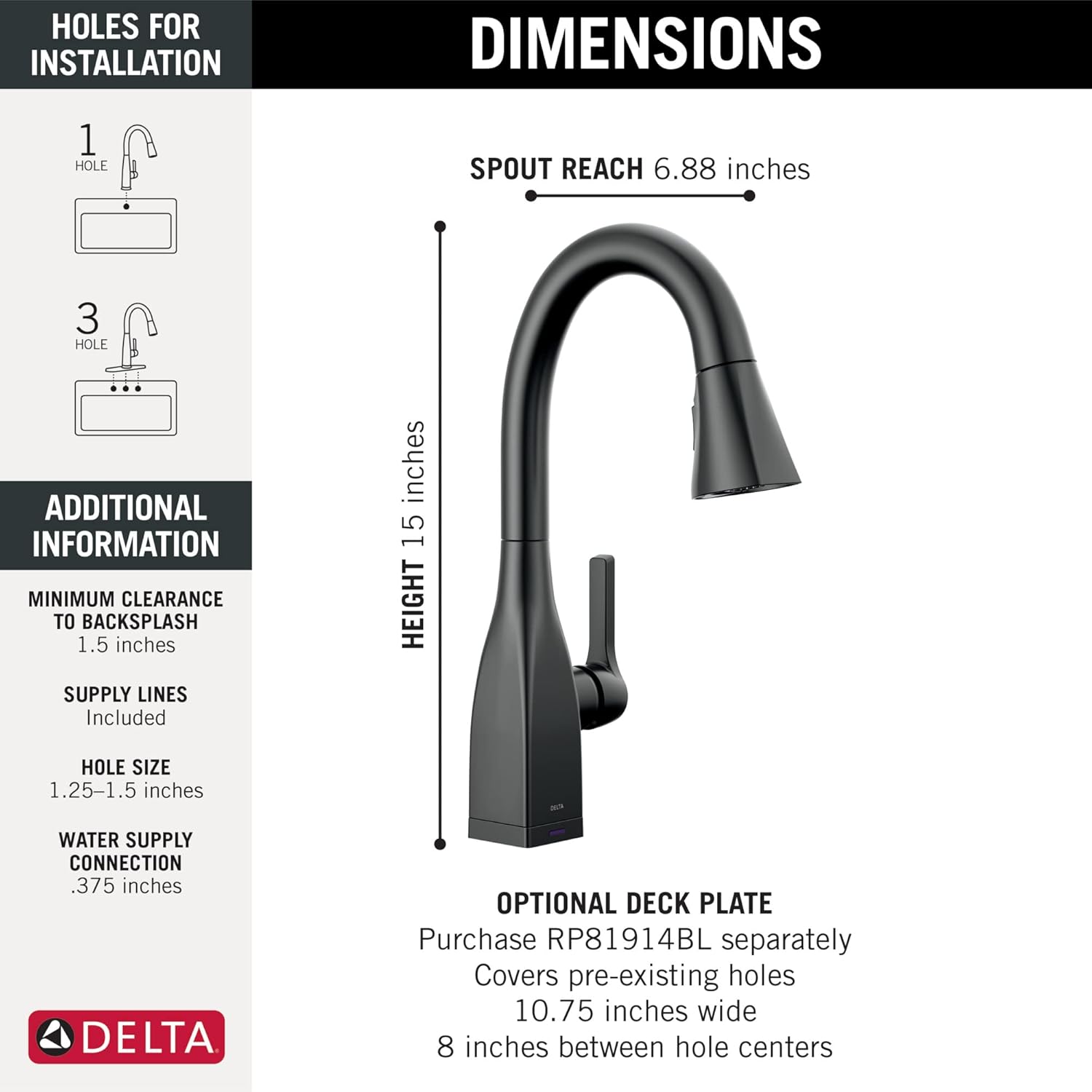Delta Faucet Mateo Touch Bar Faucet with Pull Down Sprayer, Black Bar Sink Faucet Single Hole, Wet Bar Faucets Single Hole, Prep Sink Faucet, Delta Touch2O Technology, Matte Black 9983T-BL-DST