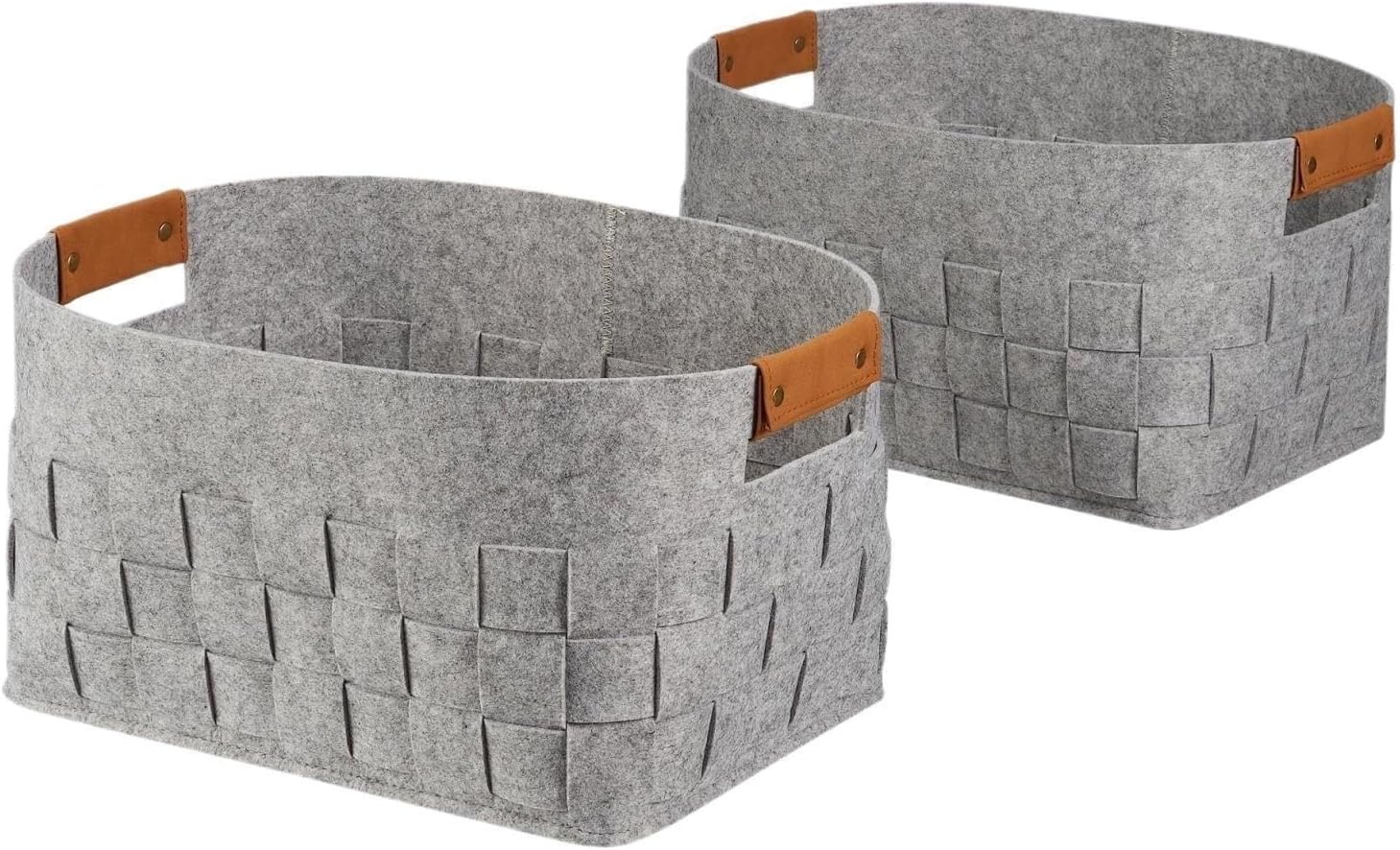 2 Pack Medium Woven Felt Storage Basket Set, Light Grey Soft Decorative Bins, Foldable Organizer Baskets For Shelf, Closet, Nursery, Bedroom Home Organization