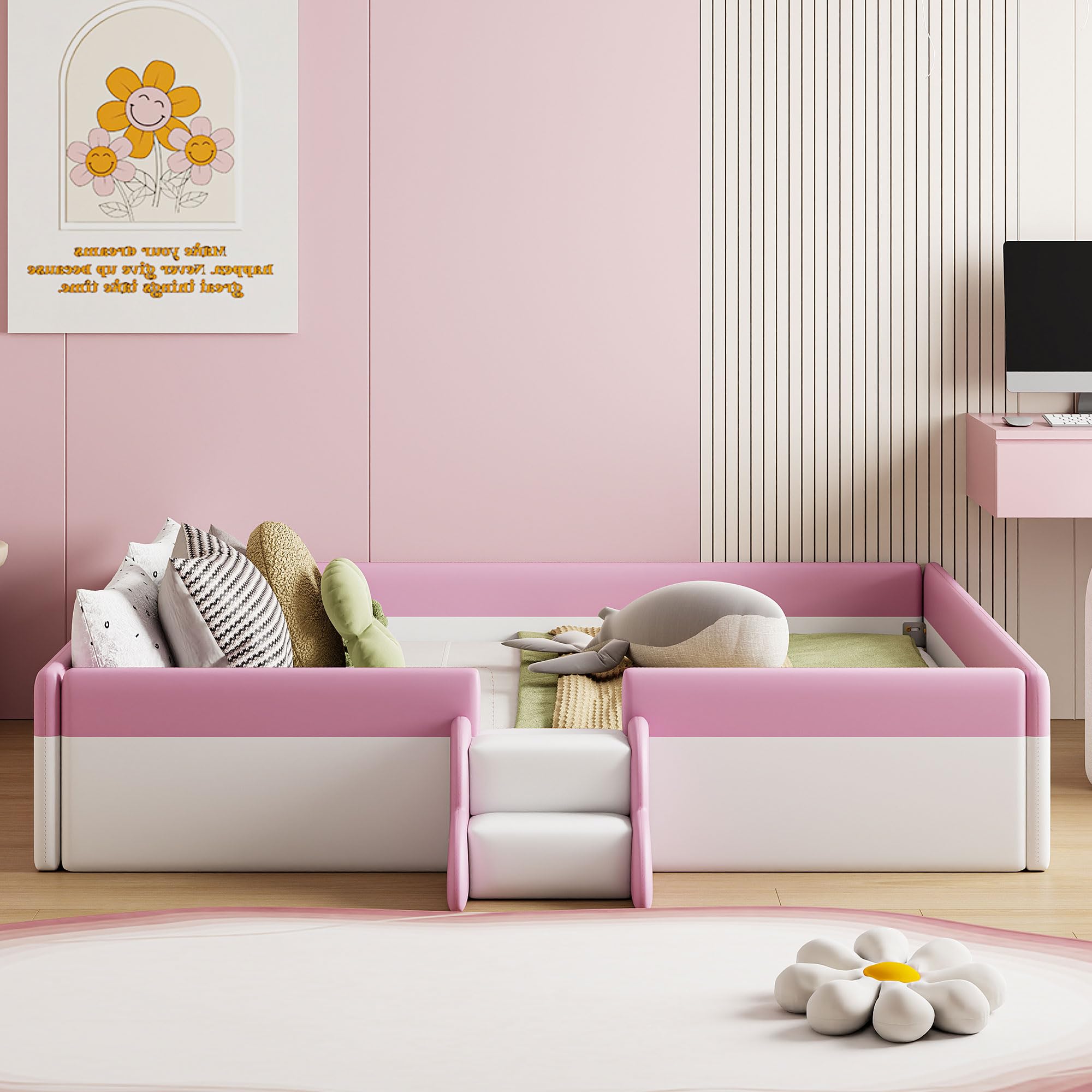 Merax Queen Size Floor Bed, Upholstered Kids Daybed Frame with Fence and Stairs, Wood Bed for Living Room, White+Pink