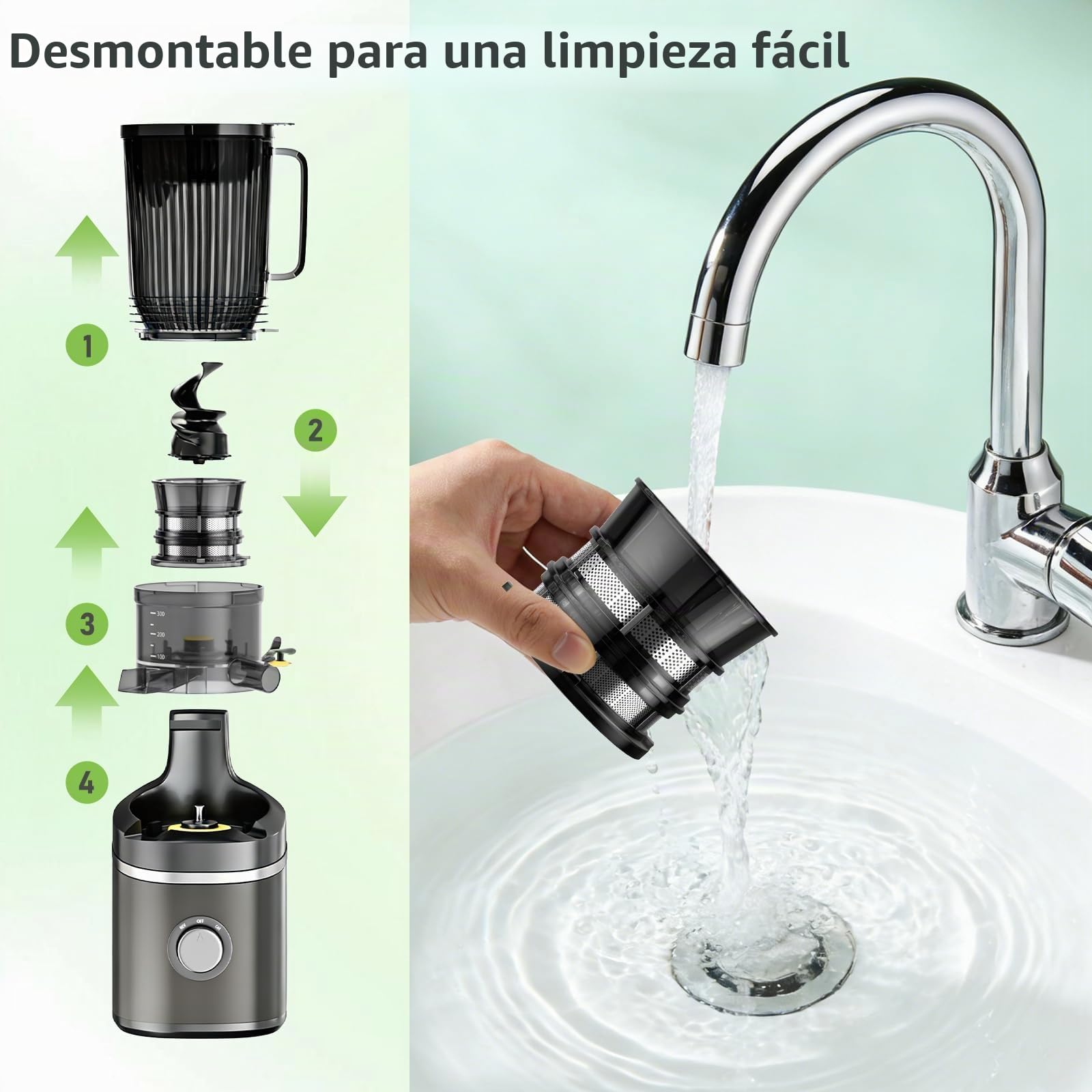Exprimidor 250W 2,3 L prensado en frío, para frutas y verduras enteras, 65 RPM, eléctrico, con tolva de alimentación de 12 cm, Extractor de zumos y verduras