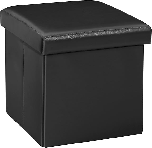 Bonlife Black Foldable Storage Ottoman,Toy Chest Boxes for Kids,Folding Faux Leather Footstools Small Seat 30x30x30cm (belike 11.8")