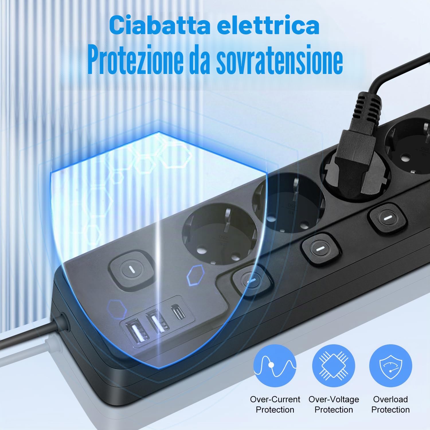 Ciabatta Multipresa con USB C, 3M Multipresa con Interruttori Indipendenti, 5 Prese Presa Multipla con 2 USB-A e 1 USB C, Protezione Sovratensione, per Casa, Ufficio, Nero(3M)