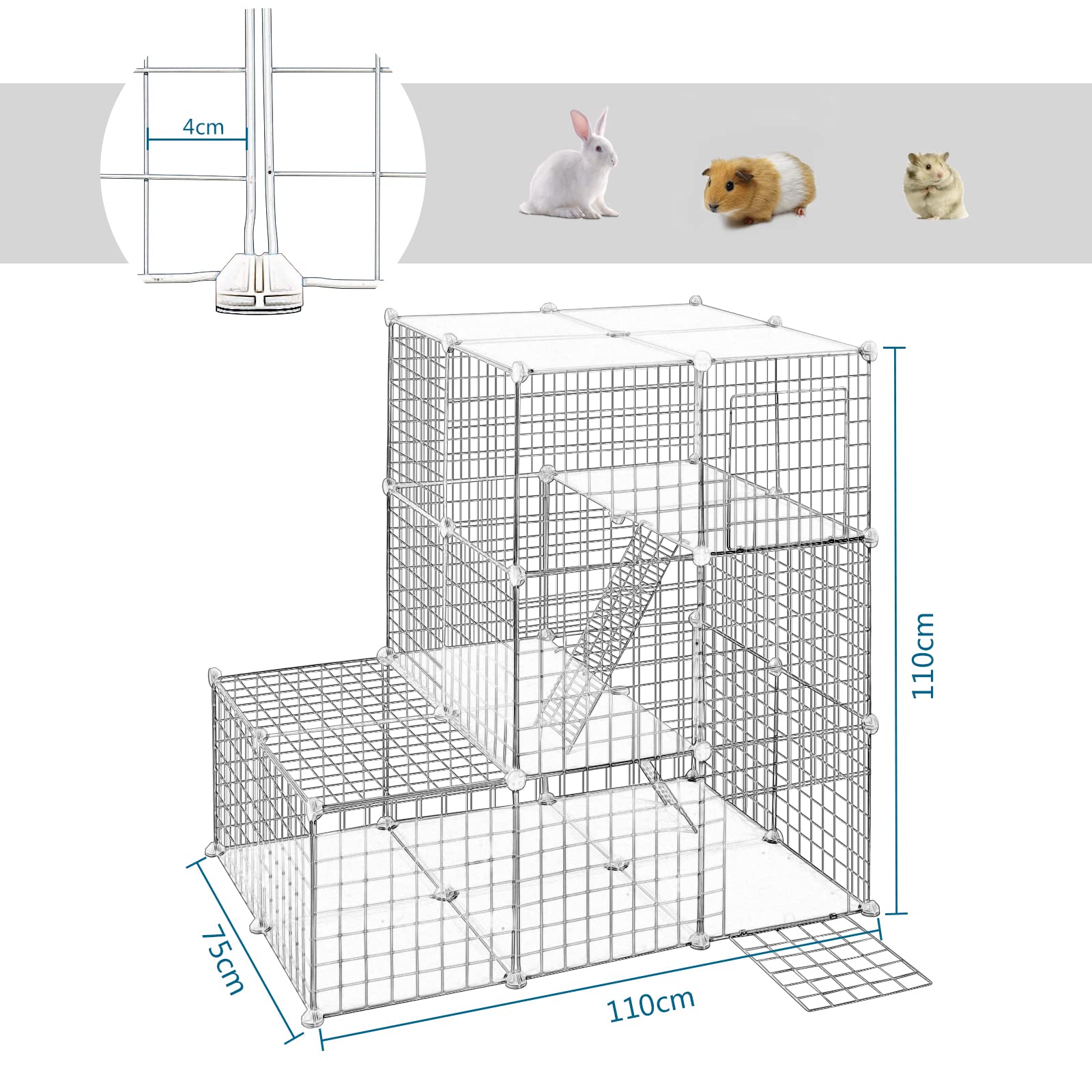 EUGAD Enclos Lapin avec Fond, Cage Cochon d'Inde, Modulable, avec 2 Portes et 2 Échelles, Blanc, 110x75x110cm