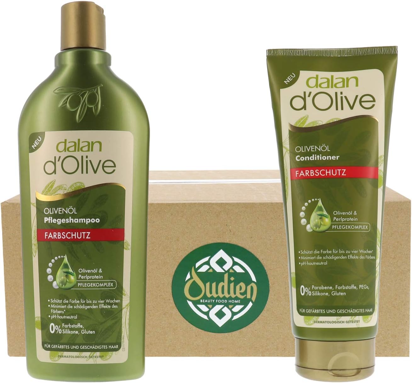 OUDIEN Set kleurbeschermende shampoo met conditioner, voedende haarshampoo 400 ml met olijfolie conditioner voor meer kleurglans, 200 ml