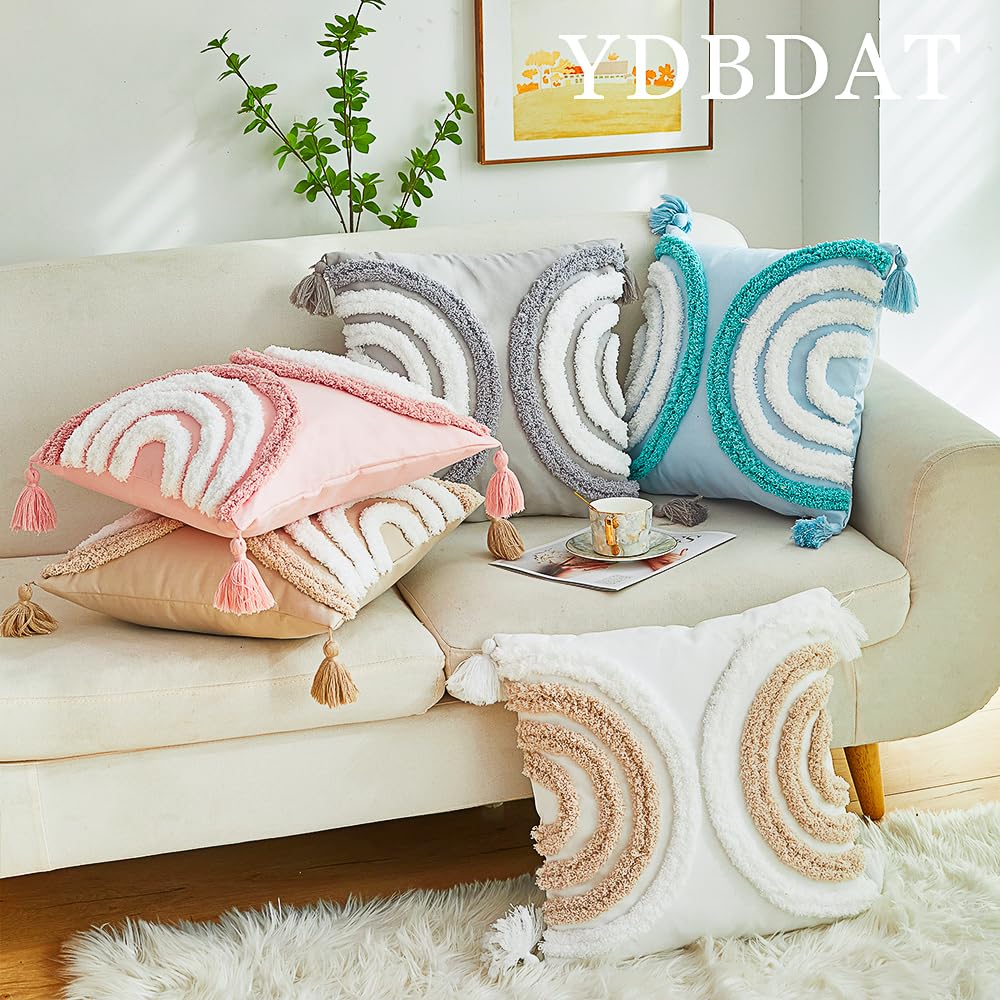 Set di 2 federe per cuscini con motivo arcobaleno, 45 x 45 cm, morbide, decorative, trapuntate, con nappe, per letto, divano, fattoria, soggiorno, Halloween, argento