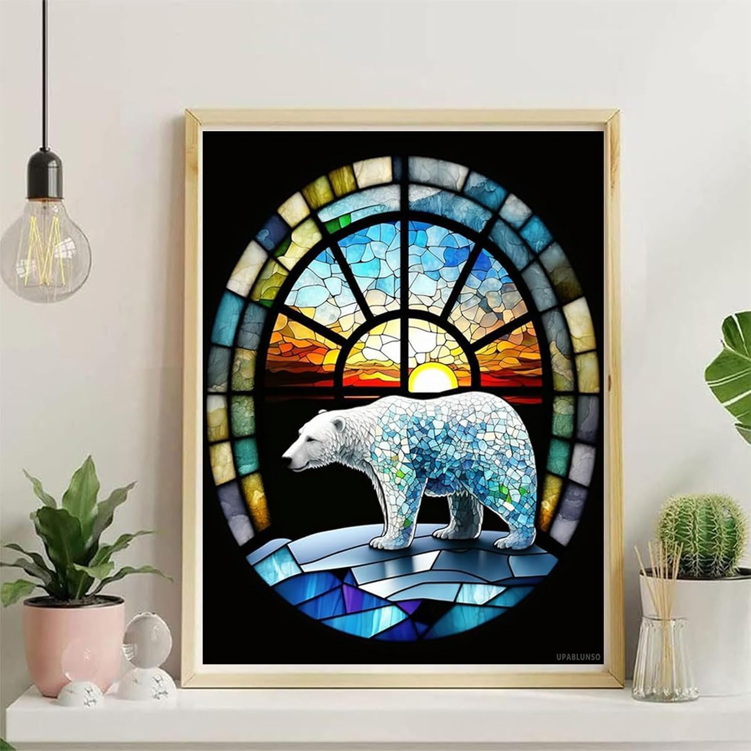 Christmas Gift Polar Bear Stained Glass Cute Animals Diamond Painting Kits, 5D Diamond Painting DIY Full Drill Round Art Gems for Adults Beginners 12x16in Suitable for New Year, Valentine's Day