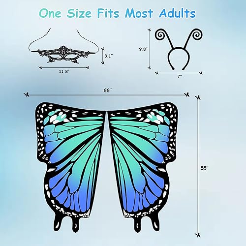 Miniatura 6 de Tibeha Alas de mariposa de Halloween para mujer, capa de disfraz para niñas y adultos, máscara, diadema de antena