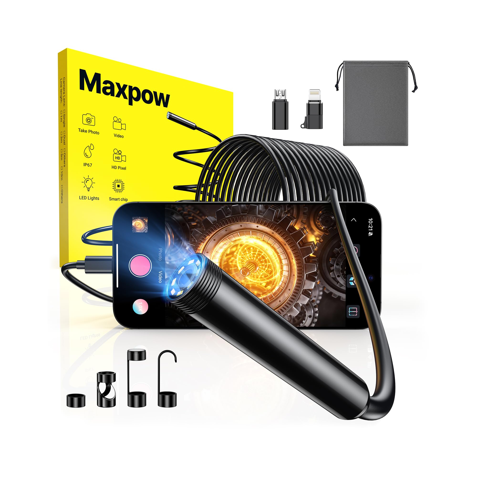 Maxpow Endoscopio Camara de Inspeccion - Endoscopio para Móvil 1920 HD con Cable Semirrígido Flexible, Impermeable IP67 8 LED para Android e iOS, iPhone, para Tuberías Máquinas Alcantarillas 5m