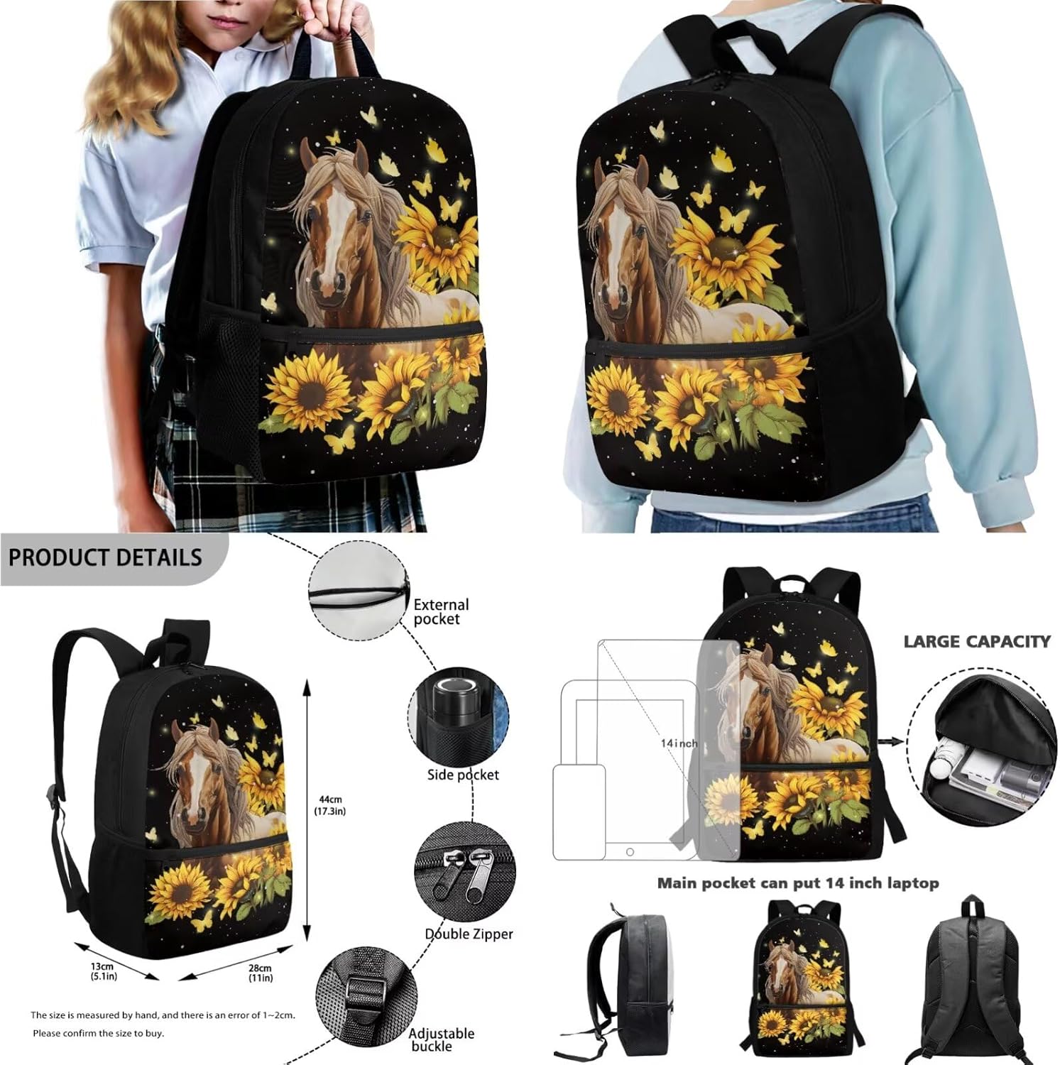 Poceacles School Backpack Set for Kids, 4-Piece Set with School Bag, Insulated Lunch Bag, Water Bottle Holder, and Stationery Organizer for Primary Secondary Students, Horse Sunflower Butterfly Black