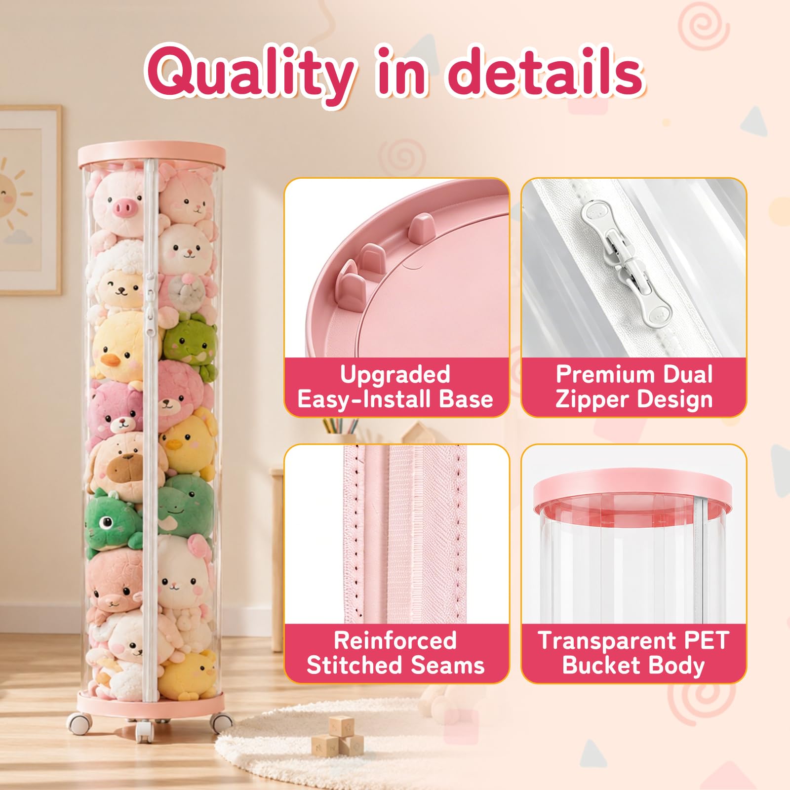 Tubo de almacenamiento mejorado para animales de peluche, organizador de felpa alto (150 cm) con 4 ruedas, cubo transparente de PET rosa y doble cremallera, almacenamiento de juguetes que ahorra