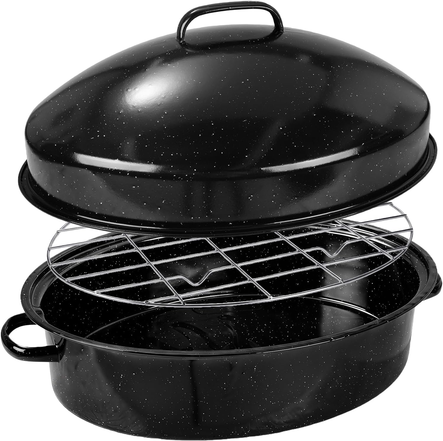 19.3" Enamel Roasting Pan with Lid & Rack Oval Turkey Roaster Pan