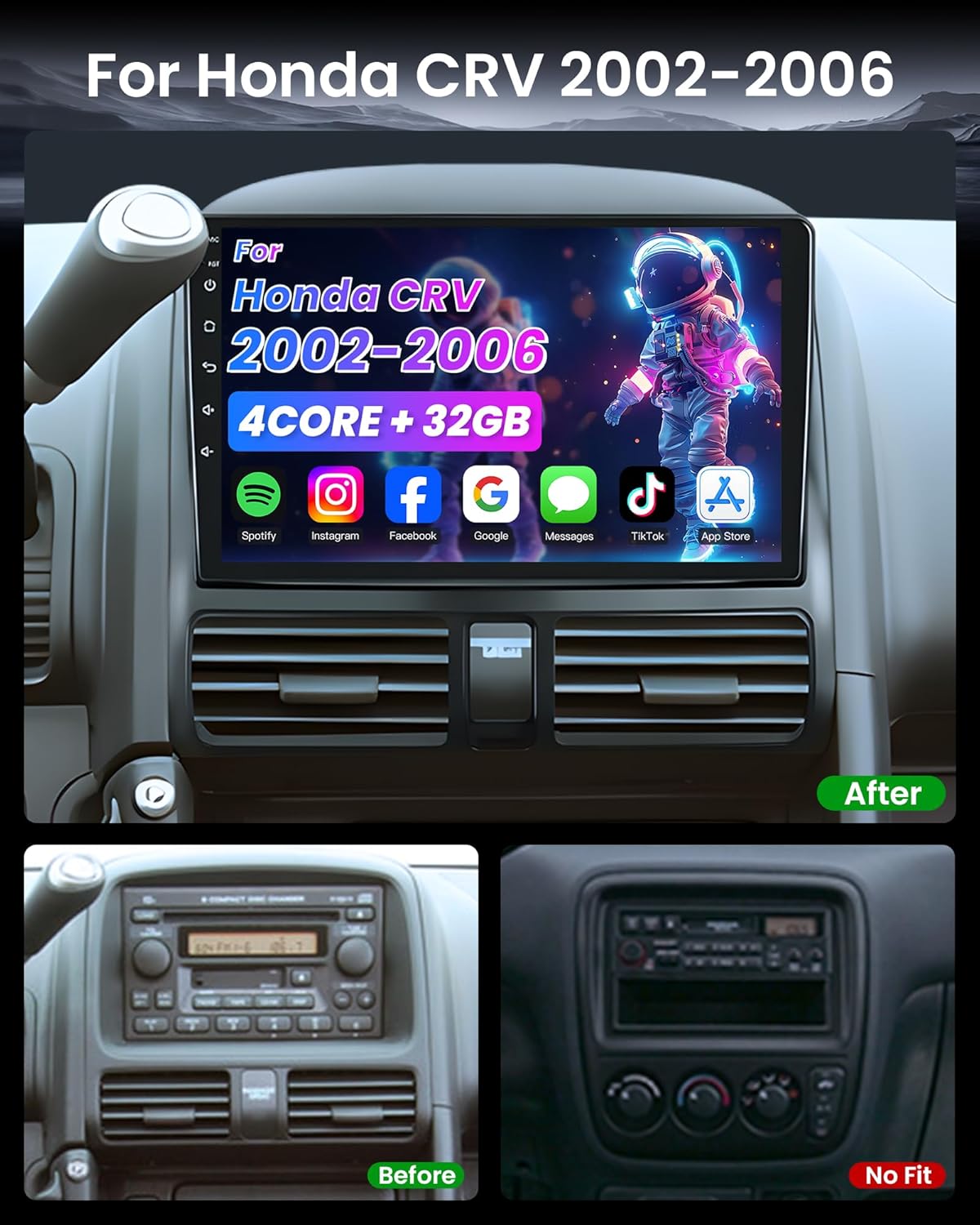 4Core Car Radio for Honda CRV 2002-2006: 9inch HD IPS Touchscreen Replacement Wireless CarPlay&Android Auto GPS 5GWiFi Head Unit Bluetooth5.0 SWC Backup Camera FM