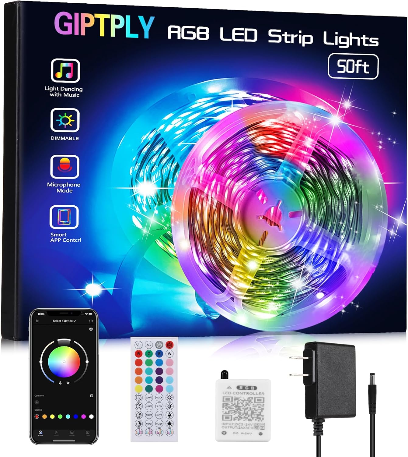Amazon.com: GIPTPLY Led Lights for Bedroom 50ft, Led Strip Lights,Music ...