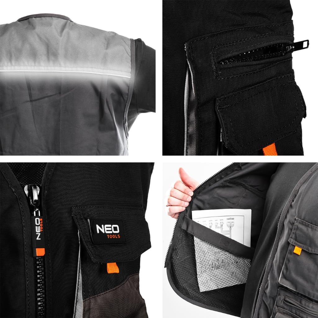 NEO TOOLS Weste Arbeitsweste/Set (Hose, Weste, T-shirt) | Größen S-XXL | Grau/Schwarz, Arbeitsbekleidung Berufskleidung, Weste aus starkem Oxford-Stoff, Reflexionsweste