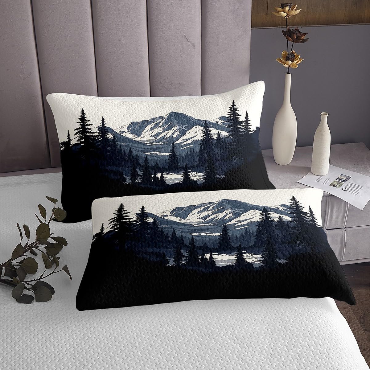 Mountain Kids Bedspread King Size,Jungle Pine Trees Country Coverlet Set,Boys Girls Room Decor,Natural Scenery Hunting Adventure Quilted Coverlet,Black White Bedding Quilt,2 Pillowcases
