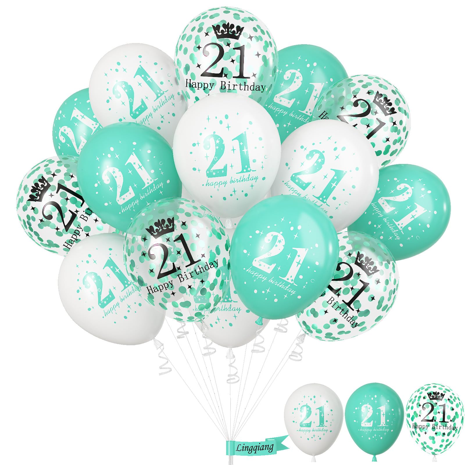 21st Birthday Balloons & Decorations - Teal, White & Turquoise Latex Balloons for Boys & Girls, Confetti, Party Supplies