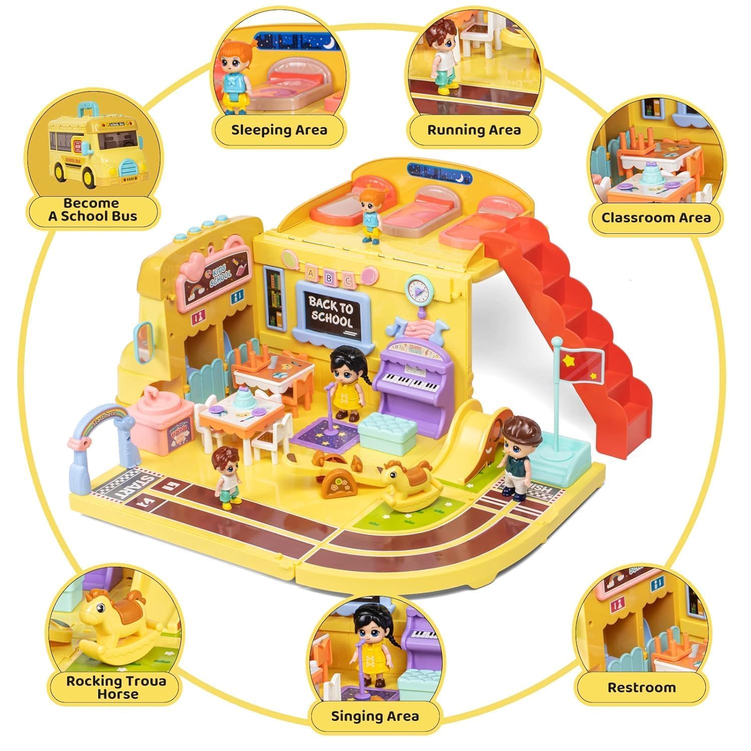 Pihura Dollhouse Camper Van, Portable School Bus Building Kit Dolls Pretend Play Vehicle with Stair, Transforming Doll House Preschool Storage Camper Toy with Music Fit Girls Ages 3+ 2