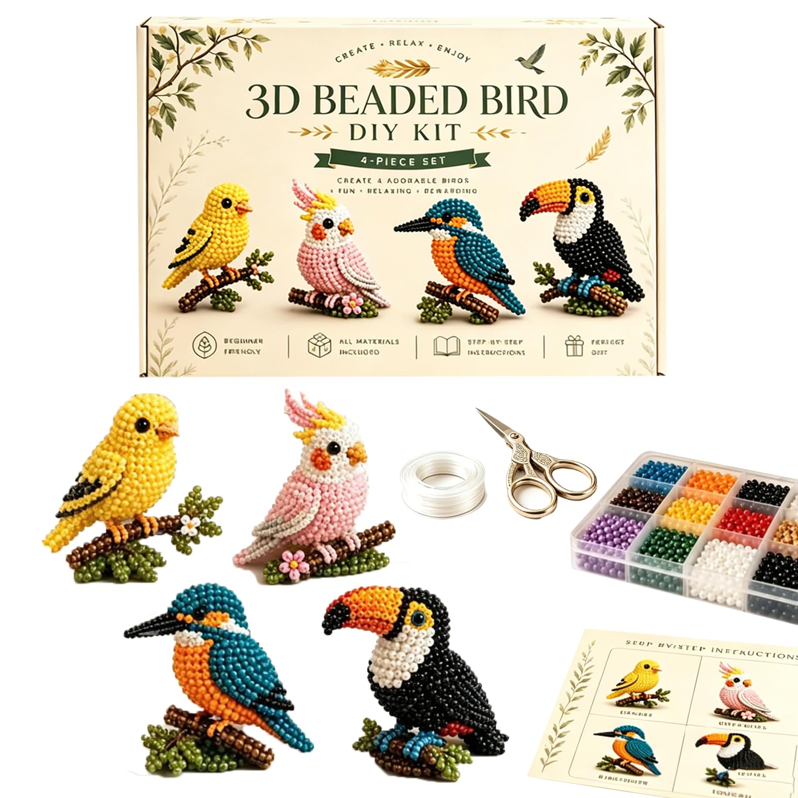 3D Beaded Mini World DIY Craft Kit, Animal & Fashion Beading Set with 7 Themes, Complete Jewellery Making Gift for Hobby Crafters (Bird Friends)