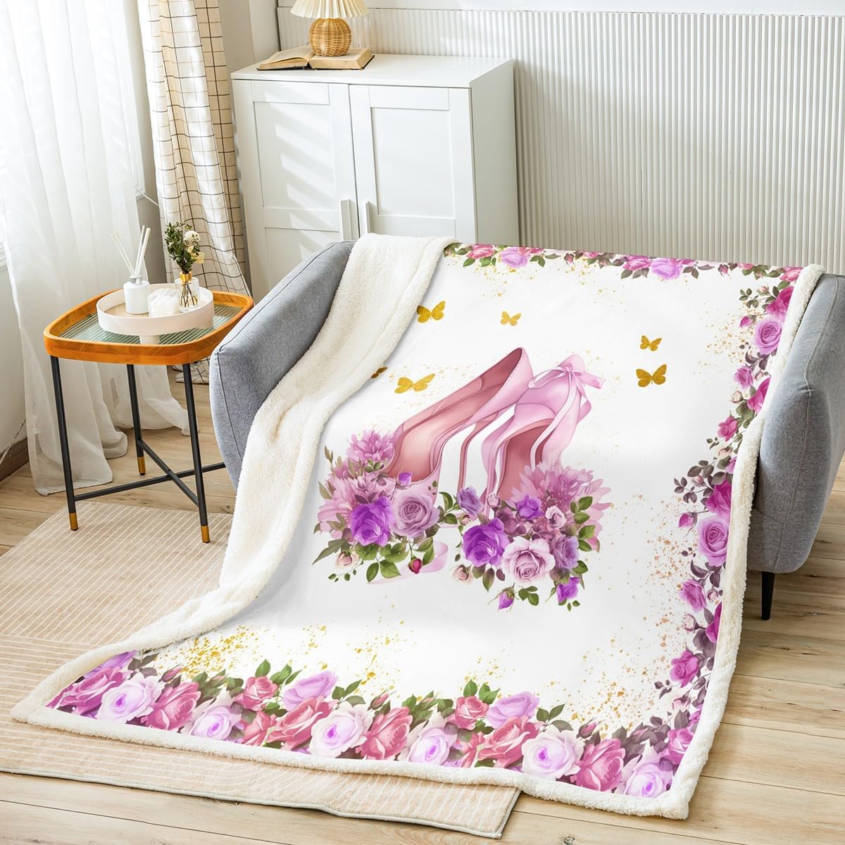 Dreamy Castle Fleece Blanket,Watercolor Garden Flowers Plush Blanket for Kids Teens,Lovely Room Decor,Girly Princess Theme Flannel Blanket,Twin 60"x80"