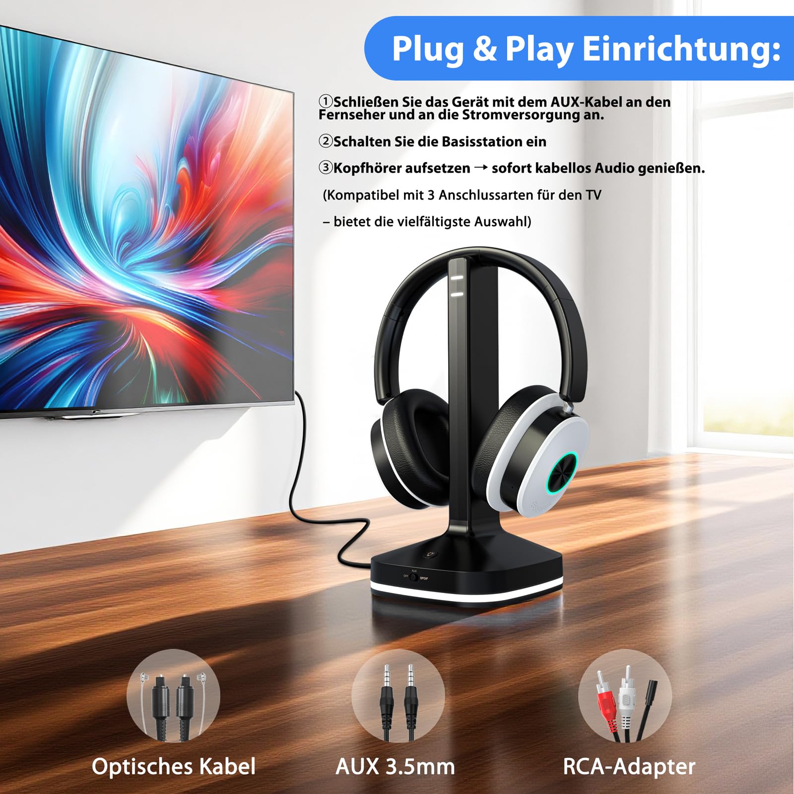 Funkkopfhörer Kabellos für TV, Kabellose TV-Kopfhörer mit Sender-Ladestation für Senioren, Ohne Audio-Verzögerung, Bluetooth 5.4, Over-Ear Kopfhörer für Fernseher mit 3 Audiomodi, Geschenk für Eltern
