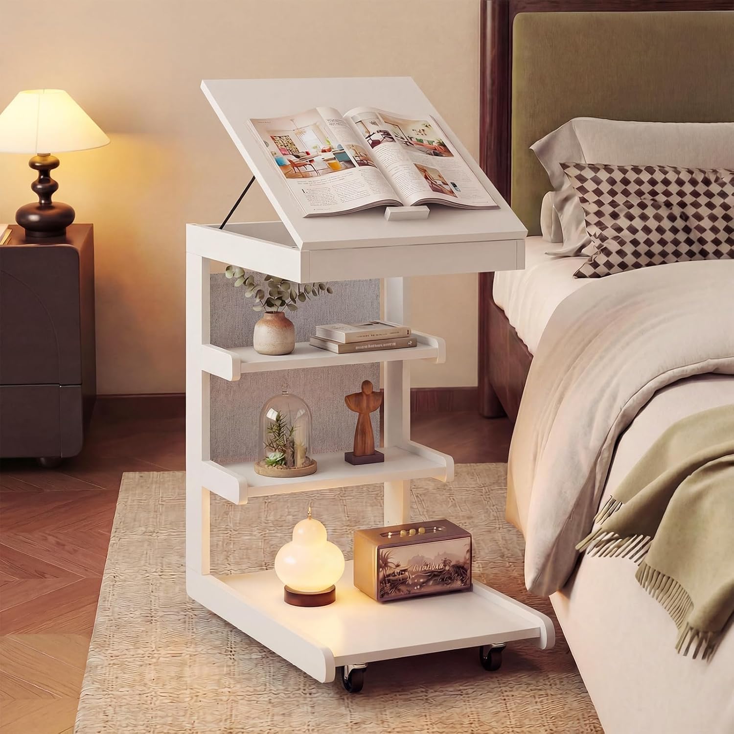 Byroce C Shaped End Table, Rolling Side Table with Adjustable Desktop, 4 Lockable Wheels, Storage Shelves & Edge Stopper, Modern Couch Tray Table for Sofa, TV, Living Room, Bedroom & Office (White)