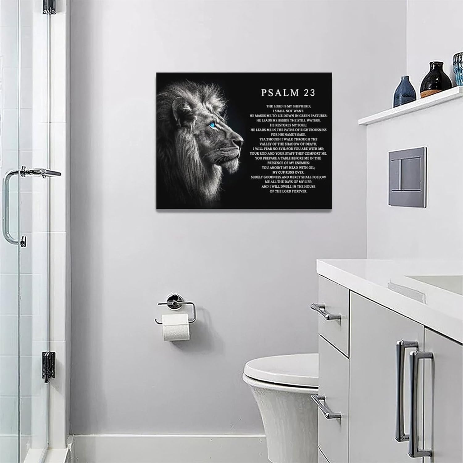 Quorin Psalm 23 Wall Art Christian Lion of Judah Pictures Scripture Bible Verse Wall Decor Religious Black and White Canvas Print Painting Artwork for Bathroom Living Room Bedroom 16L x12W